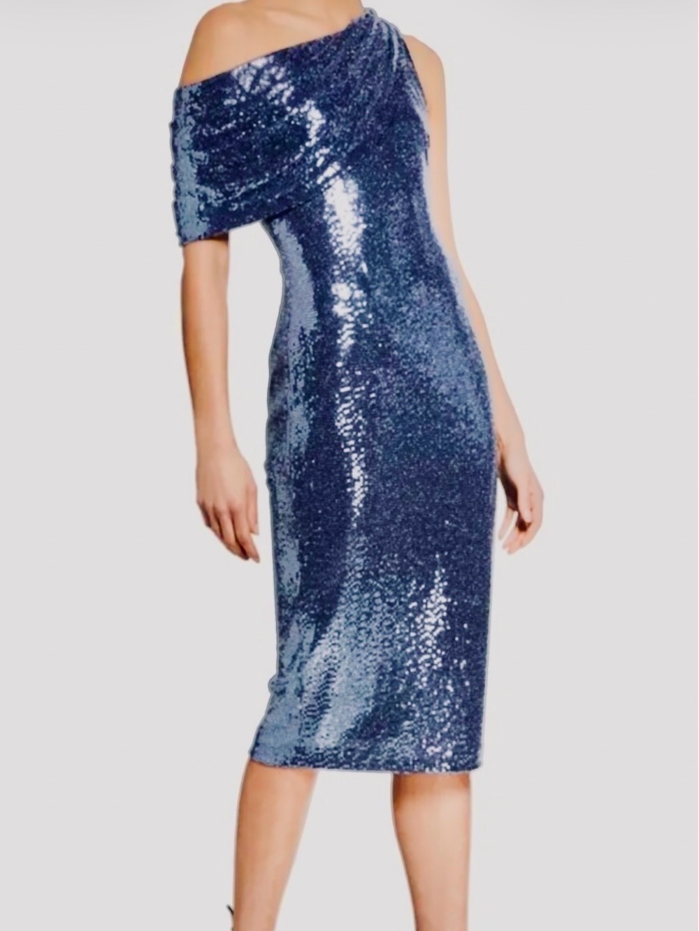 Badgley Mischka One Shoulder Metallic Cocktail Dress With Drape
